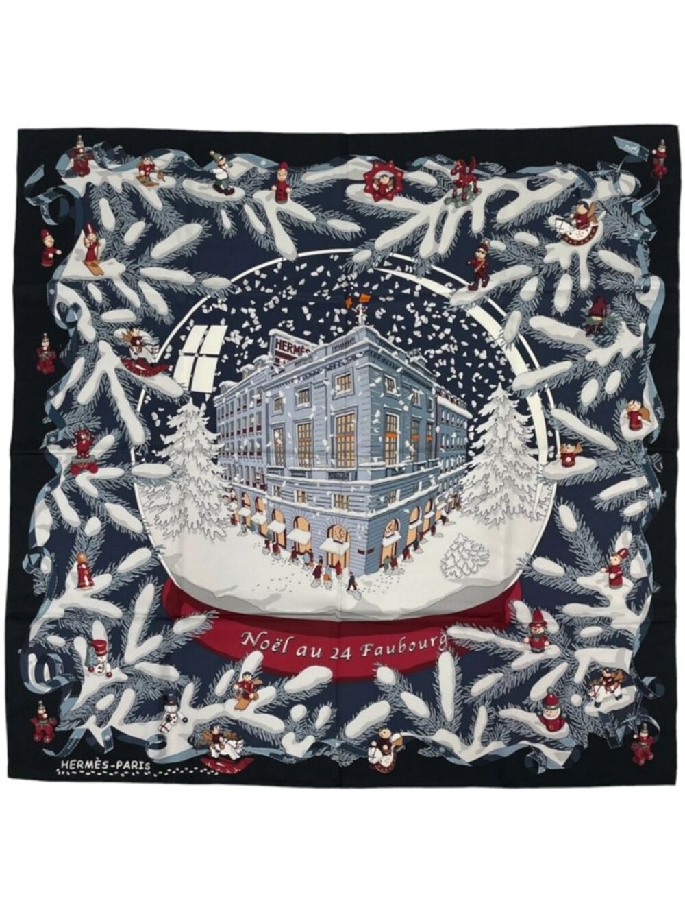 Hermes Carre 90 Noel Au 24 Faubourg Scarf Christmas at 24 Silk Black Multicolor